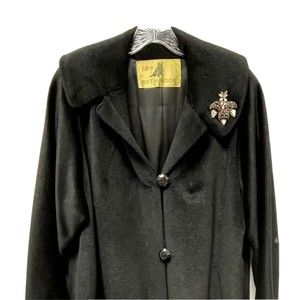 Rothmoor Black Satin Lined Winter Coat Street Length Org. Brooch France AMAZING